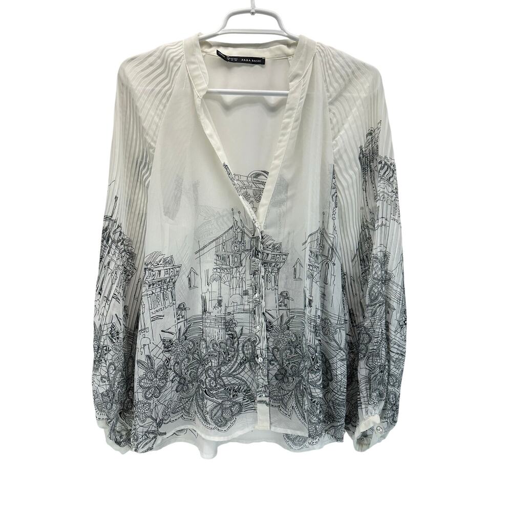 ZARA Toile de Jouy Countryside Print Sheer button down Blouse White Black M